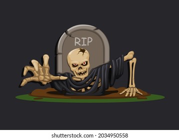 Dead man skeleton raising from a grave. nightmare horror scene halloween season illustration vector