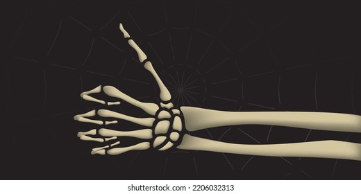 Dead Man Skeleton Realistic Thumb Up Hand Sign Symbolizing Good or Ok Positive Halloween Holidays Comic 3D StyleTemplate - Bones on Black Spider Web Background - Vector Mixed Graphic Design