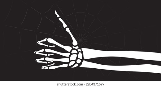 Dead Man Skeleton Thumb Up Hand Sign Symbolizing Ok or Good Positive Emotion Halloween Holidays Decoration Comic Template - White on Spider Web Background - Vector Mixed Graphic Design