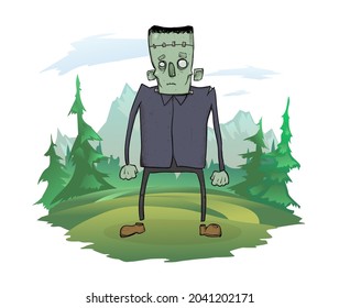 A dead man standing in the nature. A zombie among the trees, mountain landscape in the background. Halloween vector illustration, isolated on white.