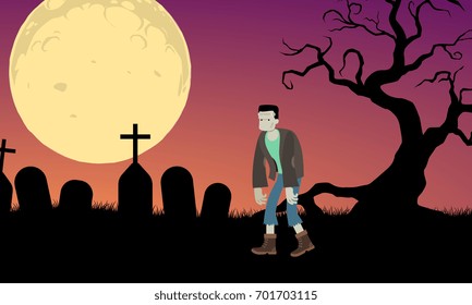 Dead man walk through the graveyard with the dead tree and a big moon in the background for halloween vector for illustrator