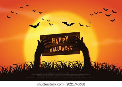 Dead man's arm from the ground holding up a rotten wooden sign with the words Happy Halloween.