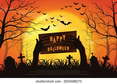 Dead man's arm from the ground holding up a rotten wooden sign with the words Happy Halloween.