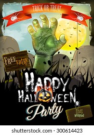 Dead Mans arm from the ground. Invitation to zombie party. EPS 10 vector file included