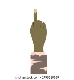 A dead man's hand with an extended forefinger and a frayed sleeve. Vector illustration, flat cartoon color design, isolated on white background, eps 10.