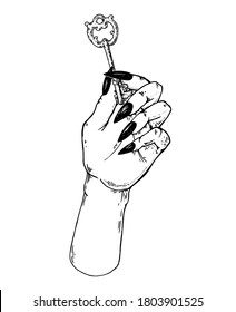 Mano del muerto sosteniendo una llave a la puerta. Ilustración vectorial dibujada a mano. Mano mística y oculta. Impresión mística.  Diseño de camisetas.