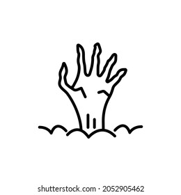 Dead Man's Hand Sticking Out Ground Line Icon. Zombie's Hand Halloween Decorations Outline Pictogram. Scary Monster's Bony Arm for Halloween Linear Icon. Editable Stroke. Isolated Vector Illustration.