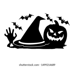 Dead mans hand, Witch Hat, Jack lantern on Brush. Happy Halloween. Concept Label, Banner, Art, Icon. Black Simple Vector Illustration.