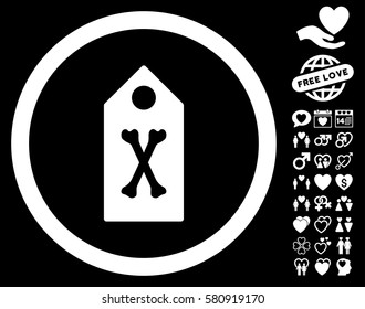 Dead Marker pictograph with bonus marriage design elements. Vector illustration style is flat iconic white symbols on black background.