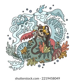 Dead mermaid and her ghost. Underwater nightmare creature. Scary sea princess. Marine funny poster. Cartoon vector illustration for adult. Print for T-shirt. Isolated on white
