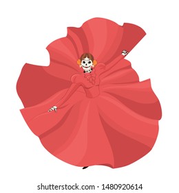 Dead mexican girl in a red dress dancing isolate on a white background. Vector graphics.