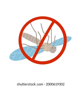 Dead mosquito in spot red sign, gnat and pest flat hand drawn illustration for repellent oil, spray and patches ads, poster. Flying insects flock in air isolated promo. Vector concept