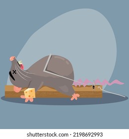 Dead Mouse In Mousetrap, Vector Illustration Of A Rodent.