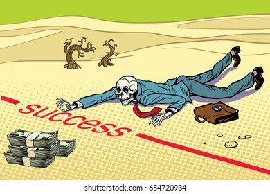 Dead near wealth, success is impossible. Next to the dream. A dead traveler skeleton. The end. Pop art retro vector illustration