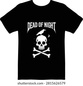 Dead of night gothic t-shirt design with skull, crossbones, raven and typography vector mockup