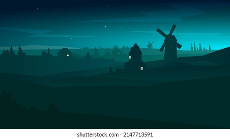 Dead night in an old village with a windmill