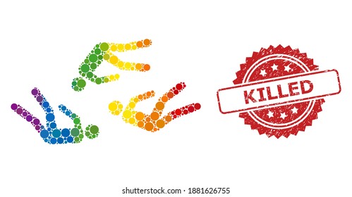 Dead people collage icon of filled circle elements in variable sizes and spectrum colorful color hues, and Killed corroded rosette stamp seal. A dotted LGBT-colored Dead people for lesbians, gays,