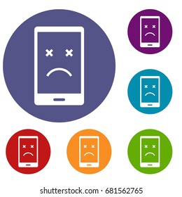 Dead phone icons set in flat circle red, blue and green color for web