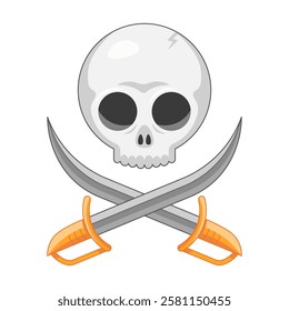 Dead pirate skull with crossed sabers in cartoon style isolated on white background.