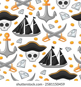 Dead pirate skull in hat with crossed sabers and ship seamless pattern on white background in cartoon style.