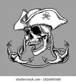 Dead pirate skull head symbol with capitan hat and anchor and rope.