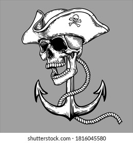 Dead pirate skull head symbol with capitan hat and anchor and rope.