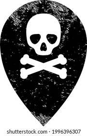 Dead place marker icon with grunge effect. Isolated vector dead place marker icon image with grunge rubber texture on a white background.