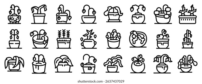 Dead plant pot icons set. Set of 20 line art icons depicting wilted potted plants
