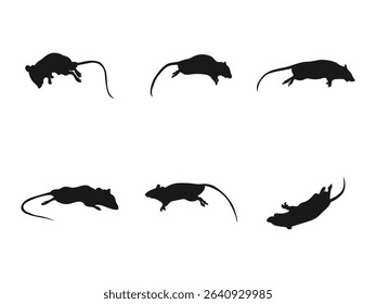 Dead rat silhouette set. A set of Rat silhouette black colors. Set of black silhouette rat icons, isolated vector. Silhouette of a realistic rat.