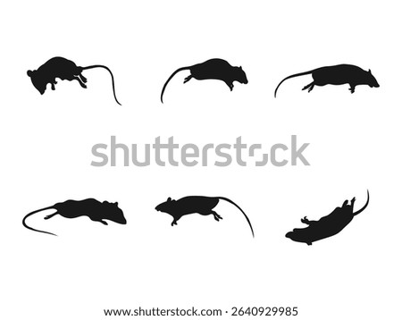 Dead rat silhouette set. A set of Rat silhouette black colors. Set of black silhouette rat icons, isolated vector. Silhouette of a realistic rat.