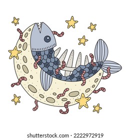 Dead rotting fish on the crescent moont, eated by worms. Evil omen. Dark magic symbol. Witchcraft bad fortune. Funny cartoon vector illustration. Isolated on white
