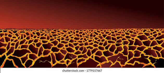 Dead rough burnt broken crust barren arid clay mud bedrock terrain lake fissure. Orange color hand drawn hell destroy symbol design. Dark night sky text space detail view grunge line art sketch style