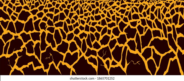 Dead rough burnt broken crust barren arid clay mud bedrock terrain lake fissure. Orange color hand drawn hell destroy symbol design. Dark night sky text space detail view grunge line art sketch style