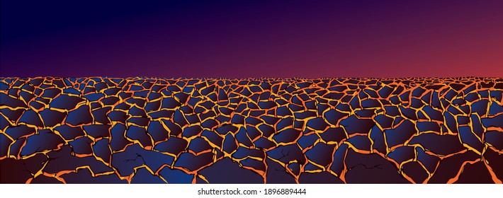 Dead rough burnt broken crust barren arid clay mud bedrock terrain lake fissure. Orange color hand drawn hell destroy symbol design. Dark night sky text space detail view grunge line art sketch style