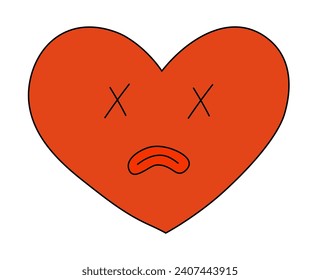 Dead Sad Heart Character for Anti Valentine Day. Mascot in groovy and Y2k style. Vector cartoon illustration.