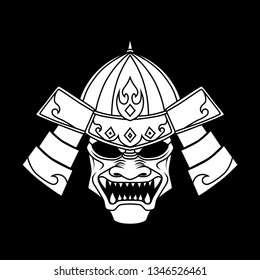 Dead Samurai Warrior Head, Outline Illustration, Isolated Vector