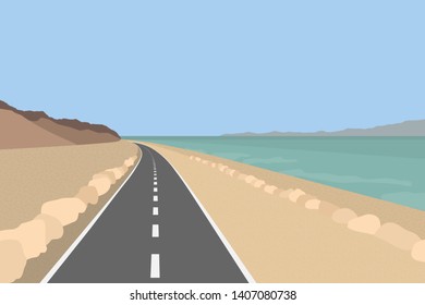 Dead Sea landscape. Coastline with mountains, road and salt sea water. Israel. Vector flat illustration.