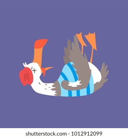 Dead seagull lying on its back, comic bird character cartoon vector illustration