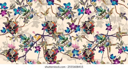 Dead seamless pattern with tropical flowers, calavera sugar skulls and bones. Vector repeated ornament in traditional alebrije style with calaca heads and floral elements