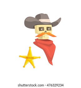 Dead Sheriff Head And Star Pin Drawing Isolated On White Background