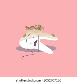 Dead sick tooth is lying on the ground, bacteria are crawling on it