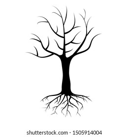 Dead single tree with roots isolated on white background. Bare tree vector illustration. svg