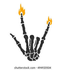 Dead skeleton hand burning rock sign isolated vector illustration