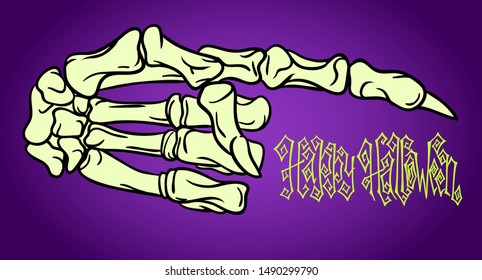 Dead sketeton hand. Hand drawn Halloween greeting card celebration template. Holiday vector illustration over purple.