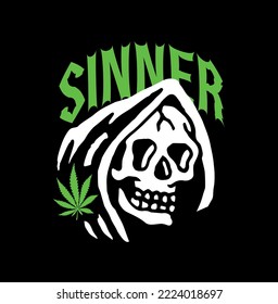 Dead Skull With Cannabis Leaf. Dead Weed. Dead Cannabis. Sinner Skull Concept free vector