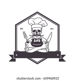 Dead Skull Chef Grinning with Fork, Knive, and Hat. Restaurant Logo Template. Hexagon Vector Drawing