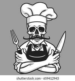 Dead Skull Chef Logo Grinning with Fork, Knive, and Hat. Vector Drawing