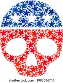 Dead skull composition of stars in variable sizes and color hues. Dead skull illustration uses American official blue and red colors of Democratic and Republican political parties, and star shapes.