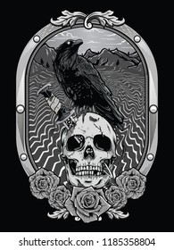 dead skull with crow and heraldic frame