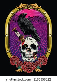 dead skull with crow and heraldic frame